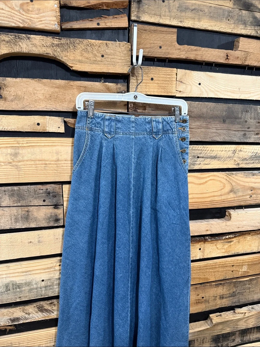 Vintage Eddie Bauer Long Denim Maxi Skirt Sz 10T Modest Pleated Button Blue Jean